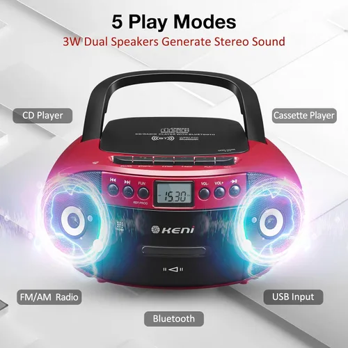 Miniatura 2 de G Keni Combo portátil de reproductor de CD y cassette Boombox, grabadora de cinta de casete con control remoto, radio AM FM, reproducción USB
