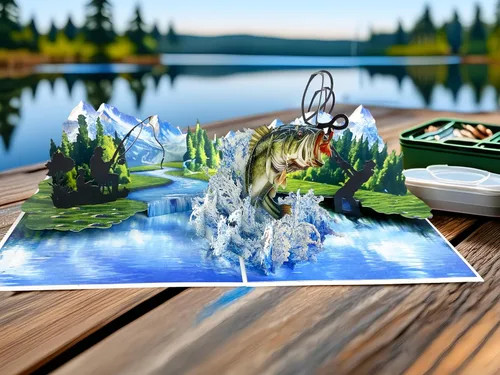 Miniatura 2 de Tarjeta de felicitación desplegable 3D – Tarjeta de pesca hecha a mano con lubina saltarina y lago escénico – Día del Padre, cumpleaños, jubilación