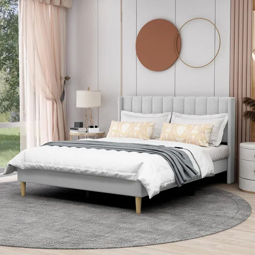AGARTT Marco de Cama Plataforma Tapizada Tamaño Queen con Cabecero y Pie de Cama/Soporte de Listones de Madera/No Necesita Somier/Fácil Montaje,