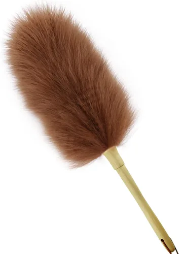 Plumero de lana de cordero de 16 pulgadas de largo, mango de madera maciza, correa para colgar de cuero para limpiar ventiladores de techo, Marrón