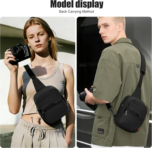 Miniatura 7 de Cwatcun - Bolsa de cámara tipo bandolera compacta, pequeña, impermeable de lona con funda para la lluvia, bolsa de fotografía para viajes para Negro
