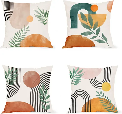 Miniatura 14 de Juego de 4 fundas de almohada abstractas de color negro y beige de 16 x 16 pulgadas, modernas fundas de cojín a rayas para sala de estar, sofá