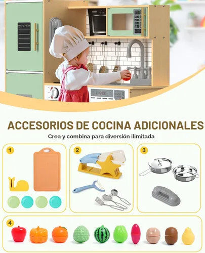 Miniatura 4 de Babytronic Juego de cocina de madera para niños, cocina de juego interactiva con luces y sonidos, juego de cocina de juguete para niños con grifo