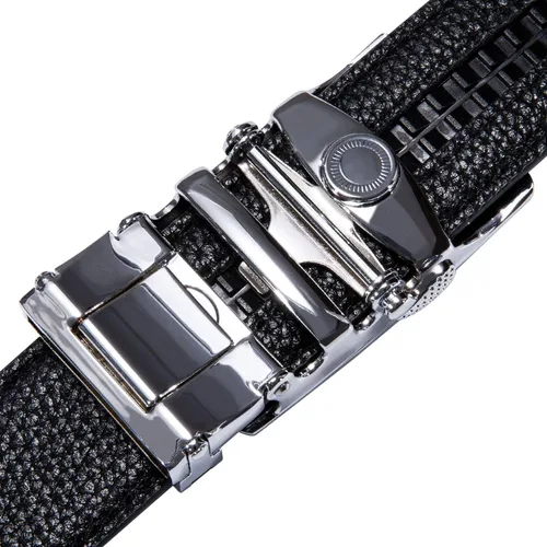 Miniatura 6 de YOHOWA Cinturón de hebilla de oro para hombre, cinturón de piel de vaca, hebilla de trinquete automática, sin agujeros, color negro para jeans, caja