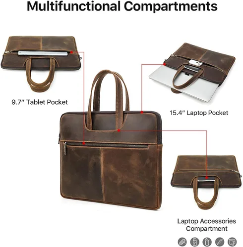 Miniatura 6 de Top Grain Leather - Maletín delgado para laptop de 15.4 pulgadas, diseño vintage con 5 bolsillos, hecho a mano, compatible con MacBook Pro/Air de 5