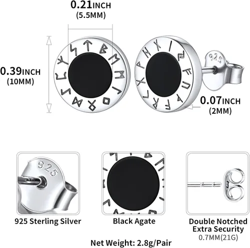 Miniatura 5 de ChicSilver Pendientes de tuerca de plata de ley 925 con runa vikinga de ónix negro natural para mujeres y hombres