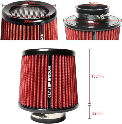 Miniatura 65 de KYOSTAR Filtro de aire universal de alto flujo de 3" (76 mm), entrada de aire frío de cono reutilizable, alto rendimiento, lavable, kit de aire seco