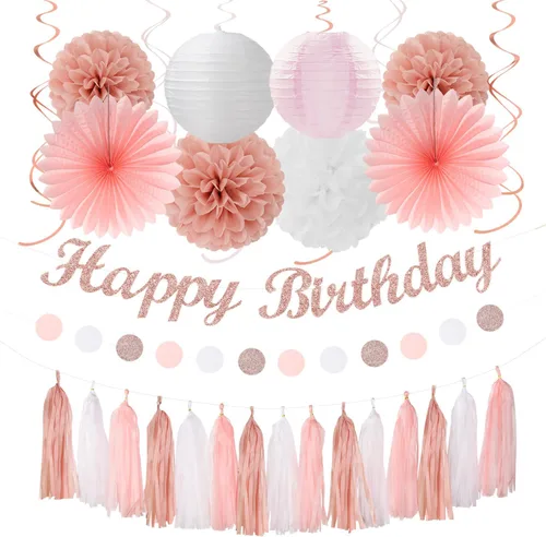Miniatura 18 de Cartel de feliz cumpleaños rosa y negro para decoración de fiesta – 31 piezas de oro rosa 14º 40º para mujeres y niñas, faroles de papel
