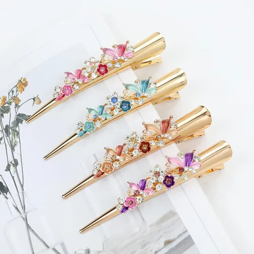 Miniatura 6 de Dizila Paquete de 4 pinzas de metal grandes y largas con diamantes de imitación brillantes, flores, mariposa, pico de pato, pasadores, accesorios