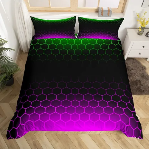 Miniatura 37 de Funda de edredón hexagonal verde estereoscópica de nido de abeja para niños, diseño geométrico de colmena, funda de edredón geométrica de panal