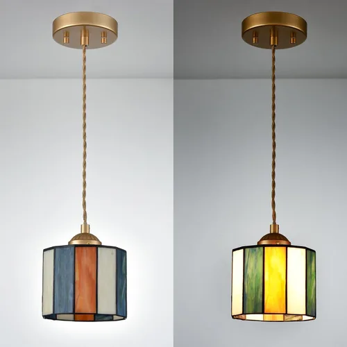 Miniatura 7 de Tiffany - Lámpara colgante de 5.5 pulgadas, cilindro de vitral, iluminación colgante de estilo vintage Tiffany, lámpara de techo colgante