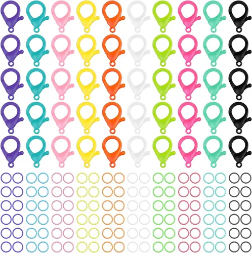 Clips de plástico duro multicolor, cierres de pinza de langosta y anillos de salto abiertos, bonitos ganchos de cordón para llavero, anillo y