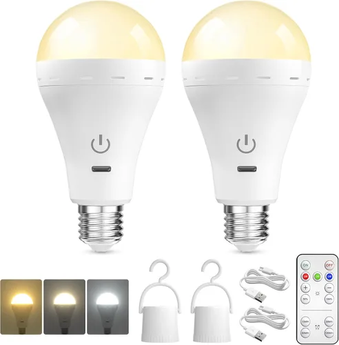 Bombillas LED recargables E26 con control remoto, 3 colores regulables, bombilla E26 con temporizador, bombillas recargables de emergencia, hasta 35