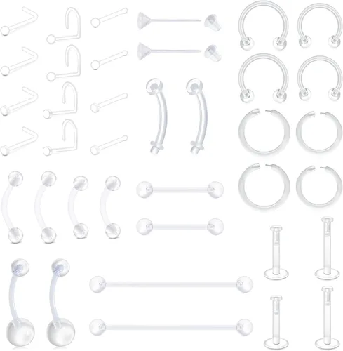 FECTAS 20-38 piercings transparentes de plástico Bioflex, aretes de nariz, tabique, vientre, cartílago, hélice, pezón, lengua, labio, labret, cejas,