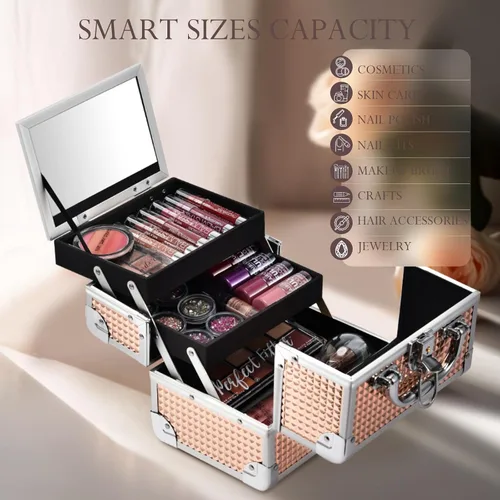 Miniatura 9 de FRENESSA Estuche de Maquillaje Tipo Maleta, Caja de Maquillaje Portátil con Espejo, Caja con Cerradura, Estuches de Maquillaje de Viaje Tipo Maleta