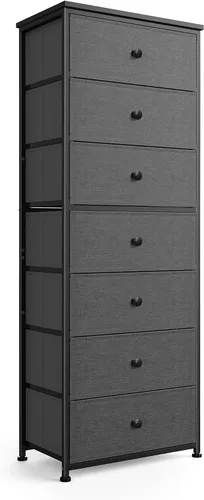 Miniatura 11 de Mifuro Cómoda alta para dormitorio con 6 cajones, torre organizadora de almacenamiento vertical, cómoda con cubos de tela, marco de acero, parte