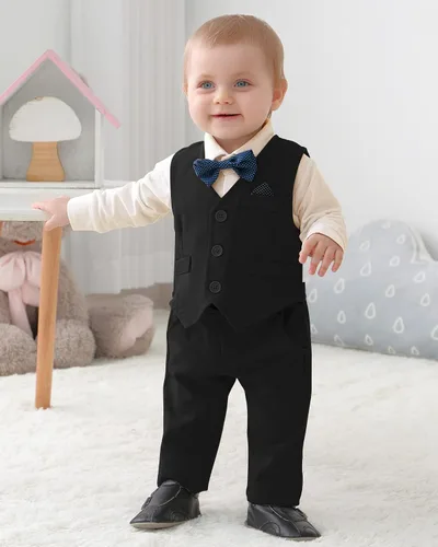 Miniatura 2 de DISAUR Ropa para bebé niño pequeño, 4 piezas, vestido de caballero, chaleco, pantalones, corbatín, conjuntos de traje de algodón