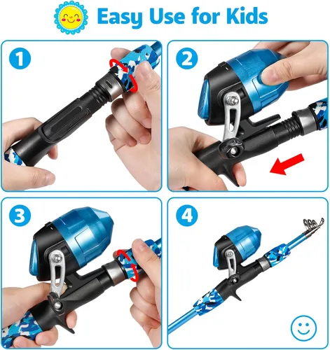 Miniatura 4 de PLUSINNO Caña de pescar para niños con carrete Spincast telescópica caña de pescar Combo kits completos para niños, niñas y adultos Azul