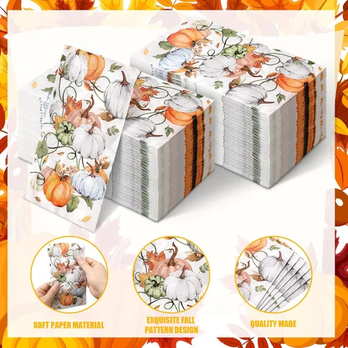 Miniatura 4 de Sinmoe 200 servilletas de papel de calabaza de Acción de Gracias, toallas de mano desechables para baño, toalla de papel decorativo para invitados