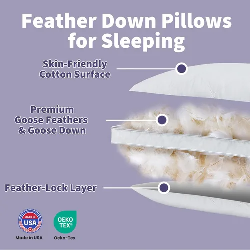 Miniatura 4 de Dreamhood Juego de 2 almohadas de plumas de ganso de lujo, tamaño estándar, hechas en Estados Unidos, con refuerzo, almohada de plumón firme media