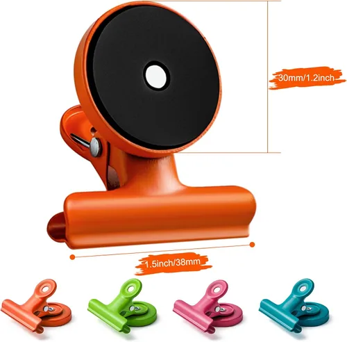 Miniatura 2 de Paquete de 16 clips magnéticos, clips de metal resistentes con imán fuerte para refrigerador y pizarra blanca, suministros coloridos para profesores