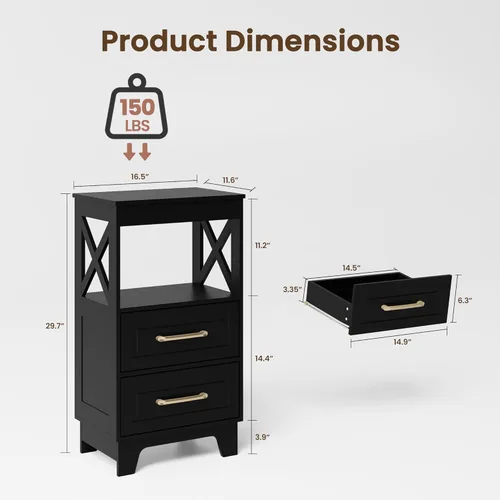 Miniatura 3 de Juego de 2 mesitas de noche altas con 2 cajones, moderna mesita de noche de madera con estante superior abierto, pies sólidos para dormitorio