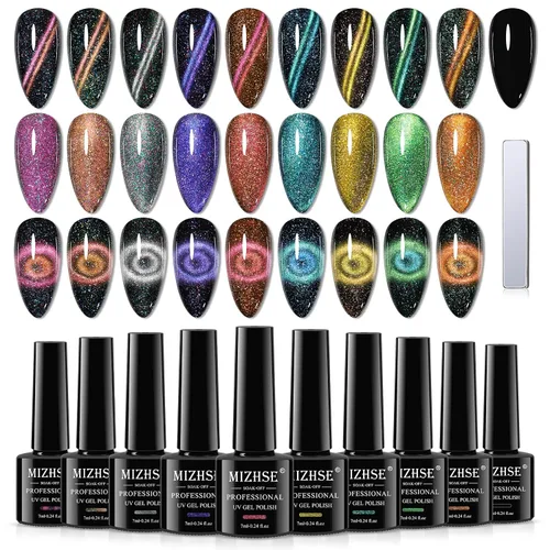 MIZHSE Esmalte de uñas de gel de ojo de gato, 10 colores, juego de esmalte de gel magnético con purpurina con barra magnética, efecto galaxia