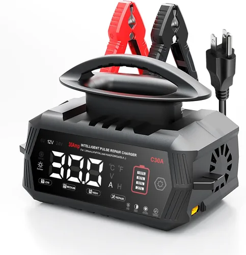 Cargador de batería de 30 amperios, 6 V/12 V/24 V de plomo-ácido, litio, cargador de batería inteligente LiFePo4, cargador portátil de pantalla