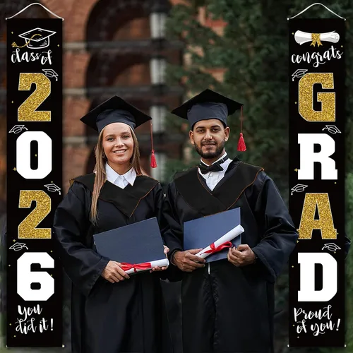 Miniatura 2 de Decoraciones de graduación 2026, cartel de porche negro dorado para clase de 2026, suministros de fiesta de graduados
