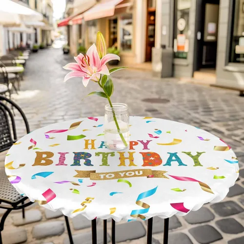 Miniatura 6 de Mantel redondo ajustable de feliz cumpleaños, con diseño de rayas de colores, diseño de lunares, elástico, impermeable, para interiores