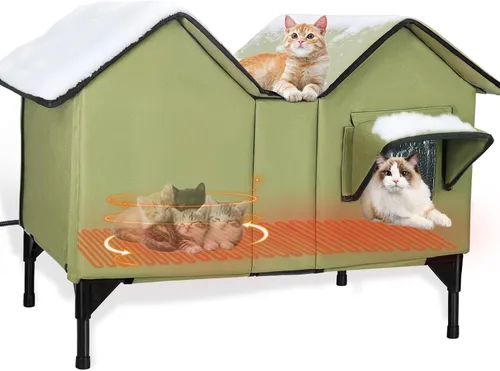 Miniatura 13 de Casa climatizada para gatos en invierno exterior, casa para gatos climatizada extra grande, resistente a la intemperie, cama elevada, puerta