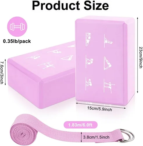Miniatura 2 de Juego de 2 bloques de yoga y 2 correas de yoga, bloques de espuma EVA antideslizantes, ladrillos de yoga de alta densidad con correa de 6 pies, Rosa
