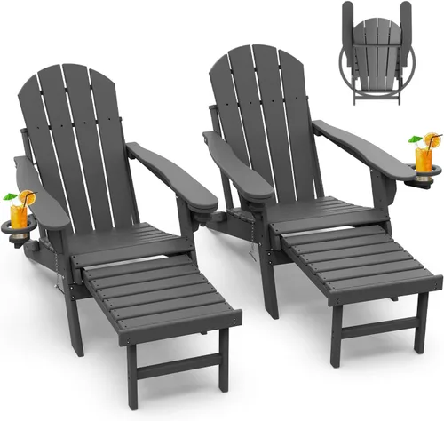 Miniatura 9 de GREENVINES Sillas Adirondack con Otomano Juego de 2 Grano de Madera Plegable Reposapiés Retráctil Plástico HDPE Silla para Hoguera Todo