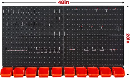 Miniatura 2 de Organizador de pared perforado Ultrawall, paneles de tablero de clavijas de metal negro, sistema de almacenamiento para garaje con ganchos