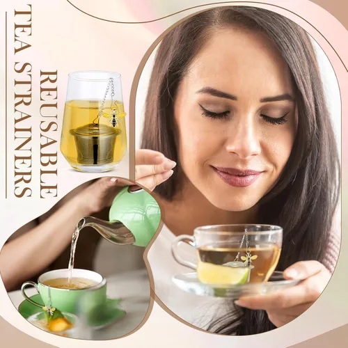 Miniatura 6 de FoldTier 3 juegos de infusores de té sueltos, coladores de hojas de acero inoxidable con bandejas de goteo y colgante de abeja de miel, malla fina