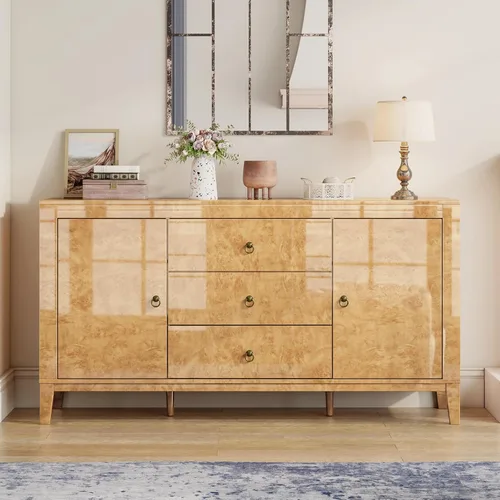 Miniatura 2 de LUXOAK Aparador Buffet de Madera Burl de Alto Brillo de 60'' Mesa Buffet con 3 Cajones y 2 Almacenamientos Cerrados, Aparador Moderno de Mediados