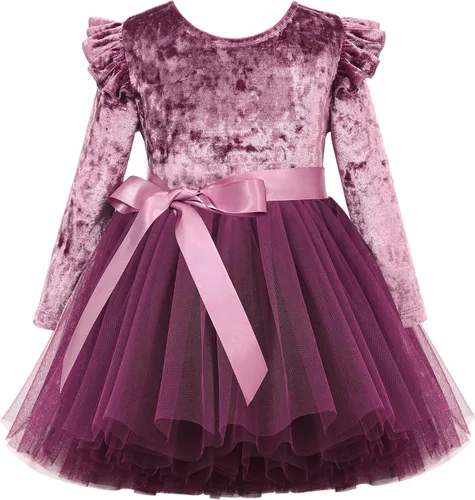 Flofallzique Vestido de terciopelo de manga larga para niñas pequeñas, tutú de tul para cumpleaños, fiesta de té, vestidos de princesa de 1 a 10 años