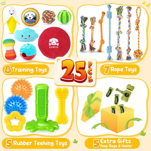Miniatura 2 de KIPRITII Juego de 25 juguetes para perros, ideal para dentición, entretenimiento y juego interactivo, incluye juguetes para cachorros, juguetes