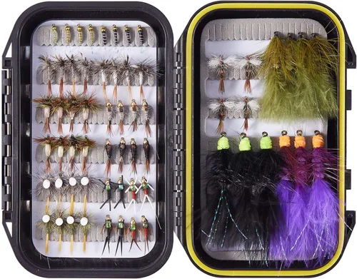 BASSDASH Trucha Steelhead - Moscas de pesca de salmón, ganchos de púas sin púas incluyen moscas húmedas secas, ninfas, serpentinas, huevos, kit de
