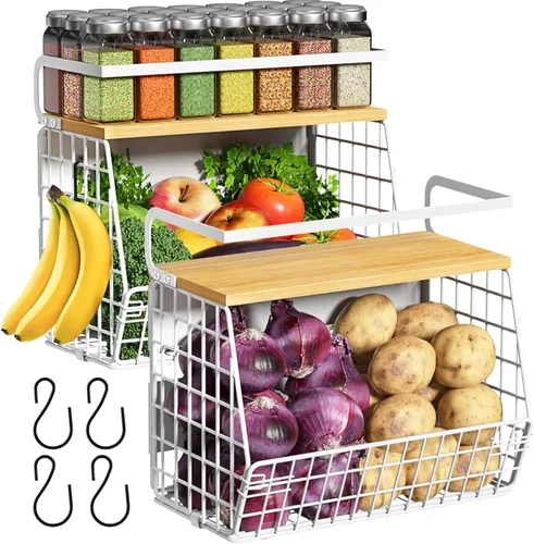 Miniatura 9 de Juego de 2 estantes magnéticos para refrigerador con tapa de madera, contenedores de almacenamiento de papas y cebollas, organizadores y Negro