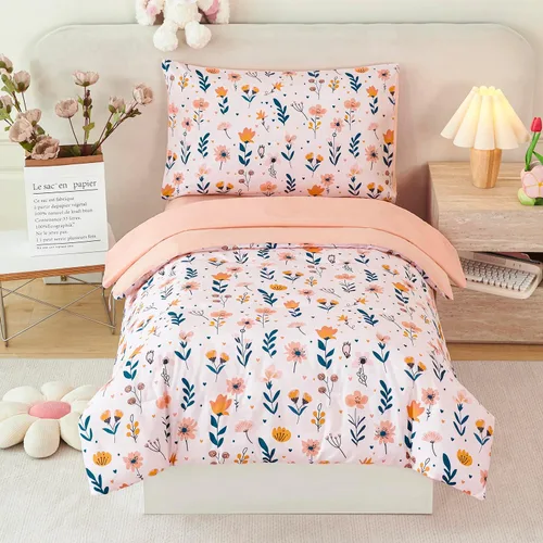 Miniatura 16 de URBONUR Juego de ropa de cama de 4 piezas para niños pequeños - Juego de edredón ultra suave con dibujos animados de animales del zoológico rosa