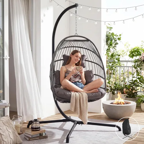 Miniatura 20 de NICESOUL Silla de huevo sin soporte para interiores y exteriores, cómoda silla colgante de mimbre para patio con cojín, hamaca columpio de 350 Beige