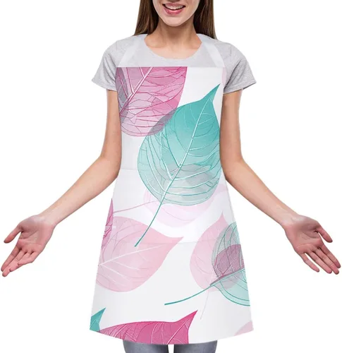 Miniatura 3 de MUSM Apron for Adults - 27.6 X 31.5 Inch, Heavy-Duty Polyester Aprons with Two Large Pockets, Waterproof Peach And Teal Leaves Kitchen Apron for