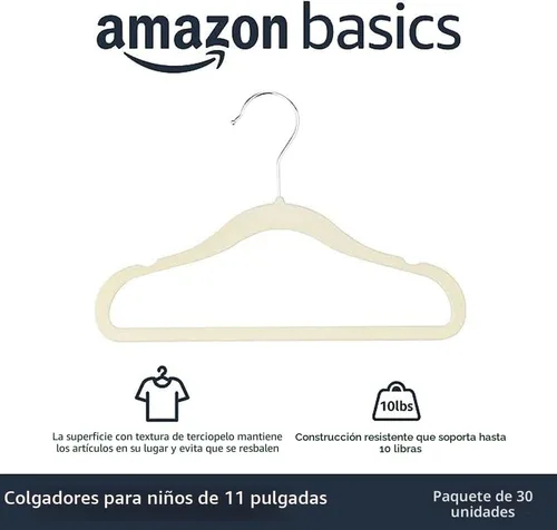 Miniatura 2 de Amazon Basics Perchas de terciopelo antideslizantes para niños que ahorran espacio con muescas para el hombro, construcción resistente para Beige