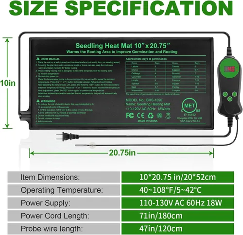 Miniatura 6 de Tapete térmico de plántulas con controlador de temperatura integrado (paquete de 2), almohadilla térmica de plantas de 10 x 20.75 pulgadas