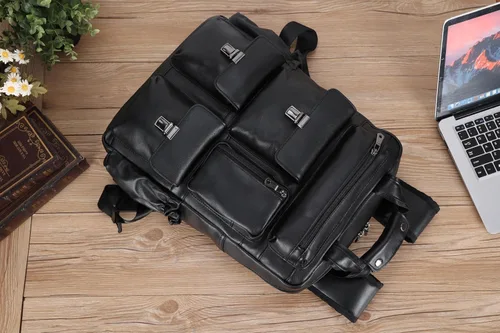 Miniatura 7 de Masa Kawa Mochila de cuero negro para hombre 15.6 pulgadas, bolsa para computadora portátil, múltiples bolsillos, casual, trabajo, negocios, viajes