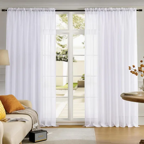 Miniatura 42 de Cortinas para ventana cortinas blancas traslúcidas de 90 pulgadas de largo, 2 paneles de cortinas de tul, paneles de ventana para cortinas de Blanco