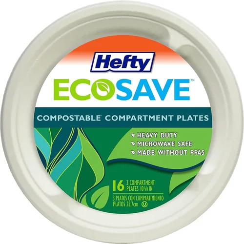 Miniatura 2 de Hefty EcoSave - Platos desechables con compartimentos, hechos de materiales a base de plantas, platos de papel resistentes, 10 ¼ pulgadas, 16