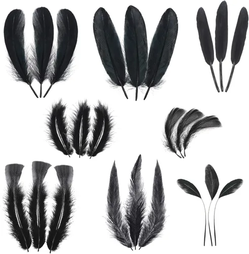 Miniatura 8 de MARFOREVER 320 plumas negras de Halloween a granel, 8 estilos surtidos de plumas naturales mixtas, plumas de ganso negro para manualidades