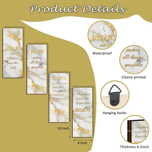 Miniatura 2 de ONIZHITY 4 piezas de decoración de baño blanco y dorado, decoración de pared dorada con Dreams Faith Love Believe, de madera, rústico, estilo Oro